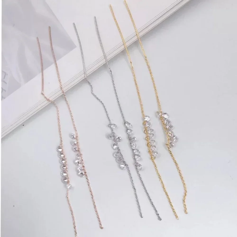 14k Gold Beautiful Diamond Drop Threader Earrings Sterling Silver - Picture 4 of 9